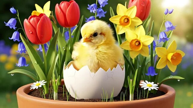 A vibrant chick hatching in a flower pot surrounded by colorful blooms.