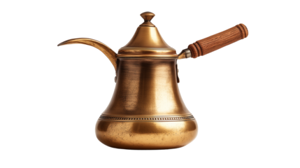 Vintage Arabic dallah made of copper and brass, traditional Middle Eastern coffee pot transparent png background. Ai generated