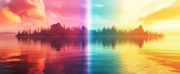 Split-Color Landscape: Serene Lake, Mountain Silhouette, Vibrant Sky, Reflection.