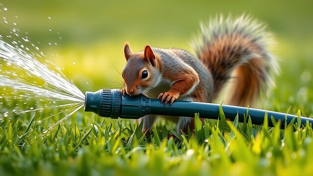 specious. A squirrel chewing on a garden hose with water spraying on the lawn. wildlife magazines, conservation campaigns, designed for eco-tourism storytelling, promotes animal welfare.