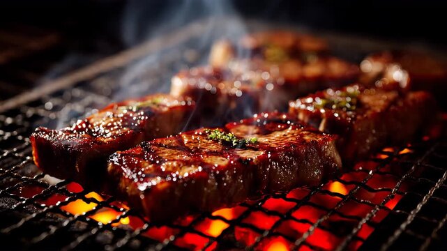 焼き目が美しい和牛と、脂がはじけるシズル感のクローズアップ