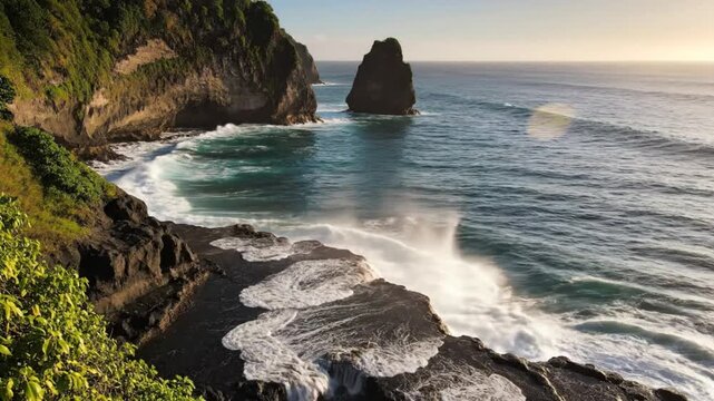 Scenic aerial view of ocean waves crashing against rocky cliffs with a sea stack and lush greenery under a sunny sky