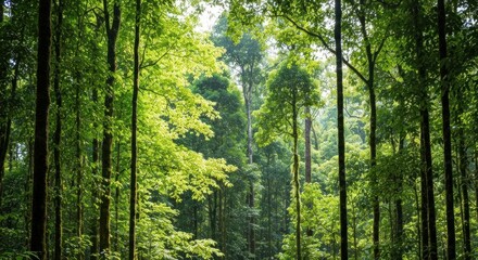Obraz premium A lush, verdant forest canopy, sunlight filtering through tall trees