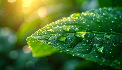 Close-up Dew-kissed bright green leaf shines with sunlight, creating bokeh