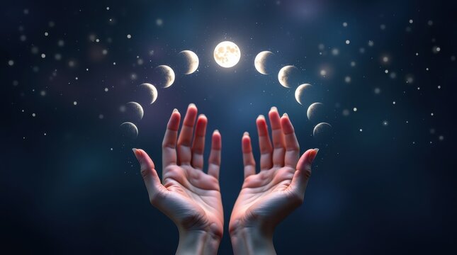Manos femeninas levantadas hacia un c&iacute;rculo de fases lunares
