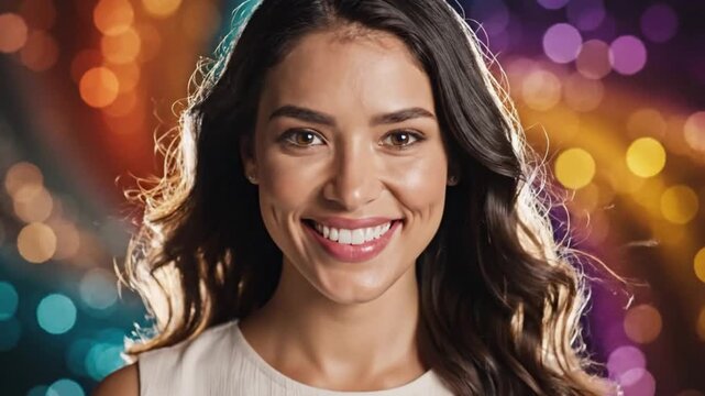 Beautiful woman smiling brightly with dimples and long wavy brown hair, facing the camera with a bright background