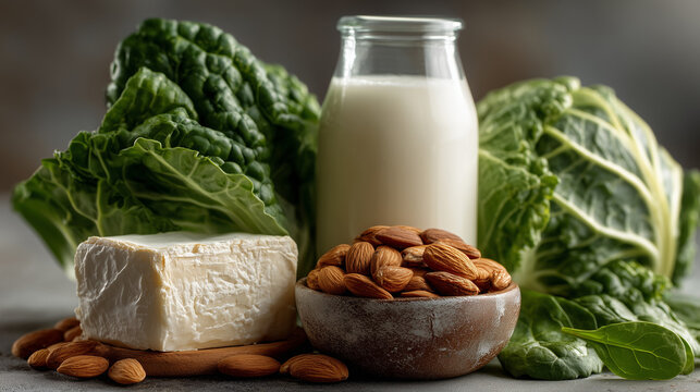 Fresh vegetables, milk, cheese, and almonds arranged on table. Bone Health