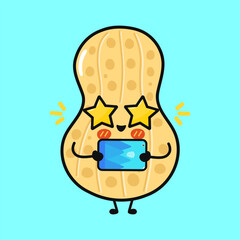 Cute star struck peanut character holding mobile phone