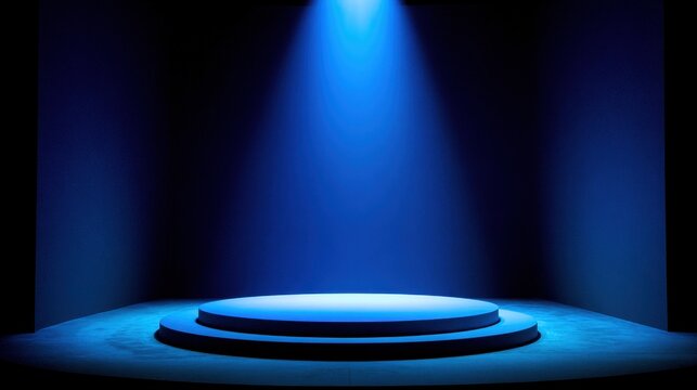 Bright blue spotlight illuminating an empty circular stage or podium in a dark, mysterious room, perfect for presentations or performances