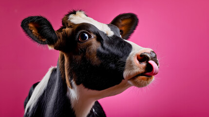 A black and white cow with a pink nose and tongue