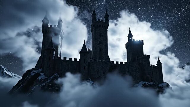 Eerie slow motion view of heavy, creeping fog and swirling mist dramatically enveloping the main towers and stone parapets of an isolated fortress under starlight swirling, fog, slow