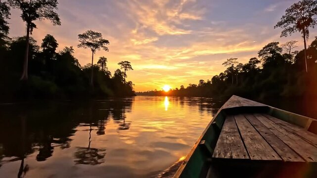 Scenic sunset boat ride on a calm river with lush green forest reflecting in the water