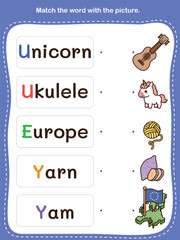 Match the word with the picture. Fun and Educational Worksheet for Preschool and Kindergarten Activities.
