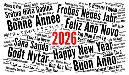Naklejka na ściany i meble Happy New Year 2026 word cloud in different languages