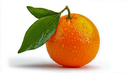 A close-up of a fresh juicy orange with a green leaf attached to its top