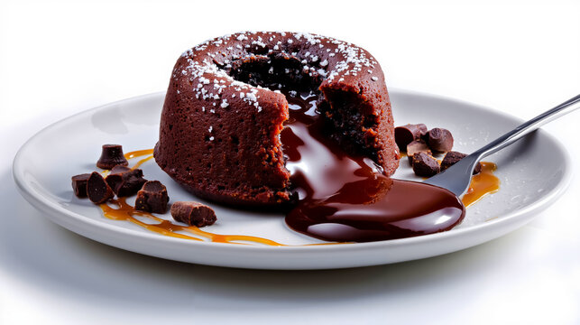 A chocolate lava cake with a bite taken out of it drizzled with choclate sauce and topped with chunks of chocolates