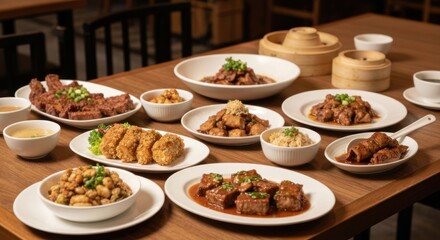 Obraz premium Overhead view of a table set with diverse Asian dishes