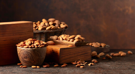 Almonds in wooden bowl on a brown vintage background.
