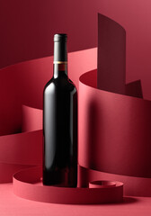 Unopened bottle of red wine on a red background.