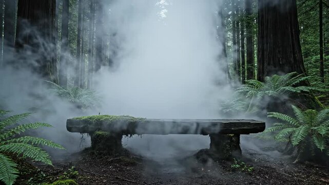 Eerie time-lapse of thick ethereal fog rolling rapidly across an ancient wooden bench situated deep within a dark misty temperate rain forest solitude, dark misty temperate rain forest, natural