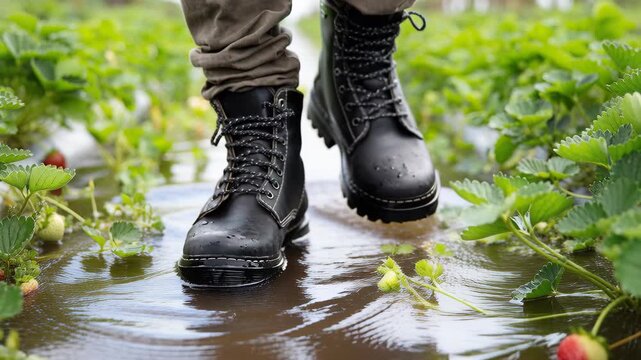 Close-up shot of a person's feet wearing black lace-up boots walking through water in a strawberry field.