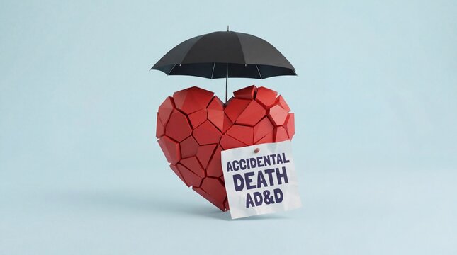 Accidental death and dismemberment insurance coverage concept with broken heart protected by umbrella symbolizing financial protection security for unexpected tragic loss