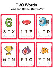 CVC Word Flashcards for Kids &ndash; Short Vowel I, Early Reading and Phonics Learning. Educational Worksheet.
