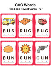 CVC Word Flashcards for Kids &ndash; Short Vowel U, Early Reading and Phonics Learning. Educational Worksheet.