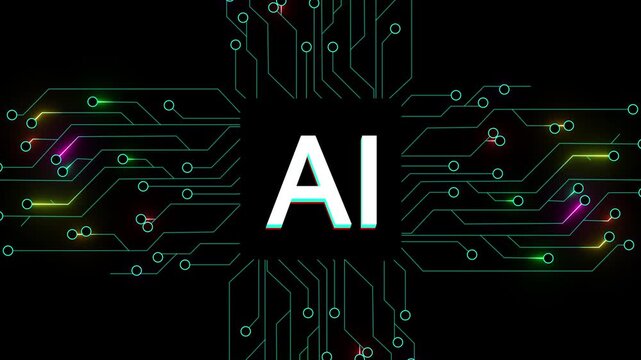 Futuristic isometric animation of an artificial intelligence microchip with intricate details. Visually engaging motion graphic showcasing digital processing, neural networks, advanced computing,