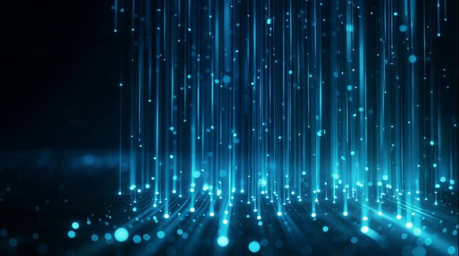 Describing flowing digital light trails moving downward over a dark background