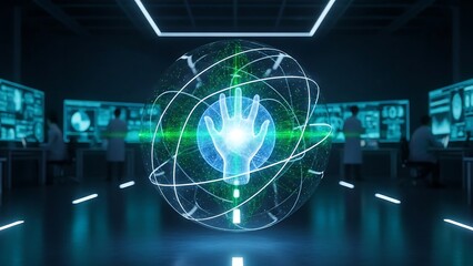 Futuristic Technology Control Room with Holographic Hand Display.