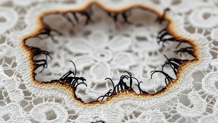 Close-up of delicate white lace fabric with a charred, burnt hole revealing dark, damaged threads.