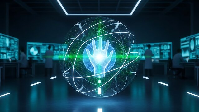 Futuristic Technology Control Room with Holographic Hand Display. - Powered by Adobe