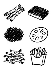 Expressive charcoal drawing set of raw and processed food items including renkon lotus root, fried snacks, and french fries vector illustration