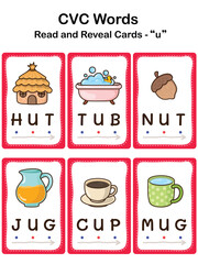 CVC Word Flashcards for Kids &ndash; Short Vowel U, Early Reading and Phonics Learning. Educational Worksheet.