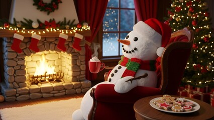 Cozy winter scene featuring a snowman relaxing with cocoa by the fireplace and Christmas tree