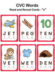 CVC Word Flashcards for Kids &ndash; Short Vowel E, Early Reading and Phonics Learning. Educational Worksheet.