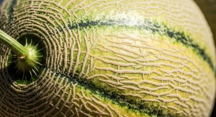 Close-up of a textured, ripe melon with a green stem
