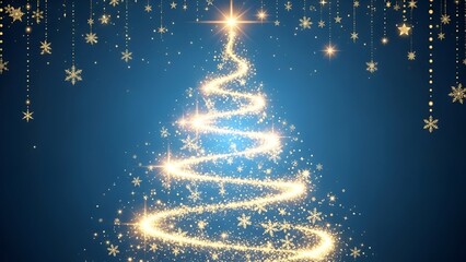 Enchanting christmas tree constructed from shimmering particles against a gradient blue background