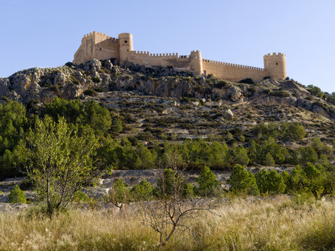 Medieval castle surrounded by long fortified wall on top of a hill with the town below