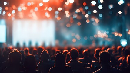 Blurred background of the business conference a group of people on the stage presentation of the project public talk High quality banner with copy space : Generative AI. High quality