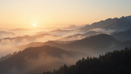 Obraz premium Misty mountain sunrise, soft atmosphere, natural tones, photorealistic
