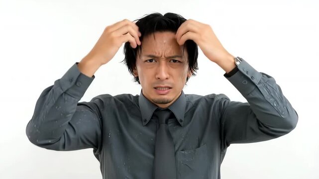 髪をかき乱し、極度の怒りと混乱を見せる日本人男性ビジネスパーソン