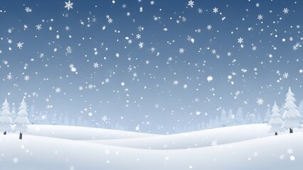 Serene winter landscape illustration with falling snowflakes and pine trees  background