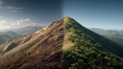 Transformation of Landscape Showing Burnt Area on Left and Lush Green Mountain on Right Under Clear Blue Sky