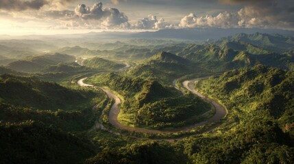Serene Aerial View of Lush Green Valley with Winding River and Majestic Mountains Under Dramatic Cloudy Sky at Sunrise