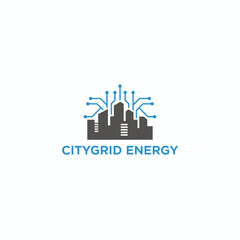 Fototapeta premium Smart City Skyline with Digital Circuit Grid Energy Logo