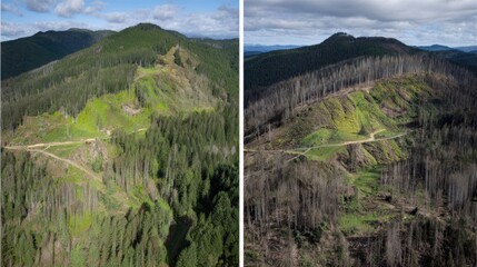 Aerial View of Forested Hillside with Clear Cut Sections and Green Recovery in Natural Landscape