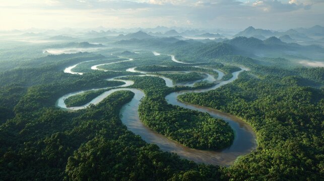 Serpentine River Flowing Through Lush Green Forests in a Serene Landscape Captured from an Aerial Perspective