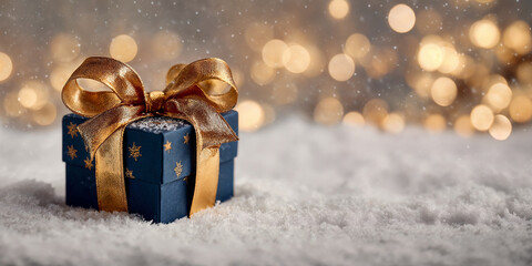 Blue Christmas gift box with golden ribbon and snowflake pattern on snow with festive bokeh lights